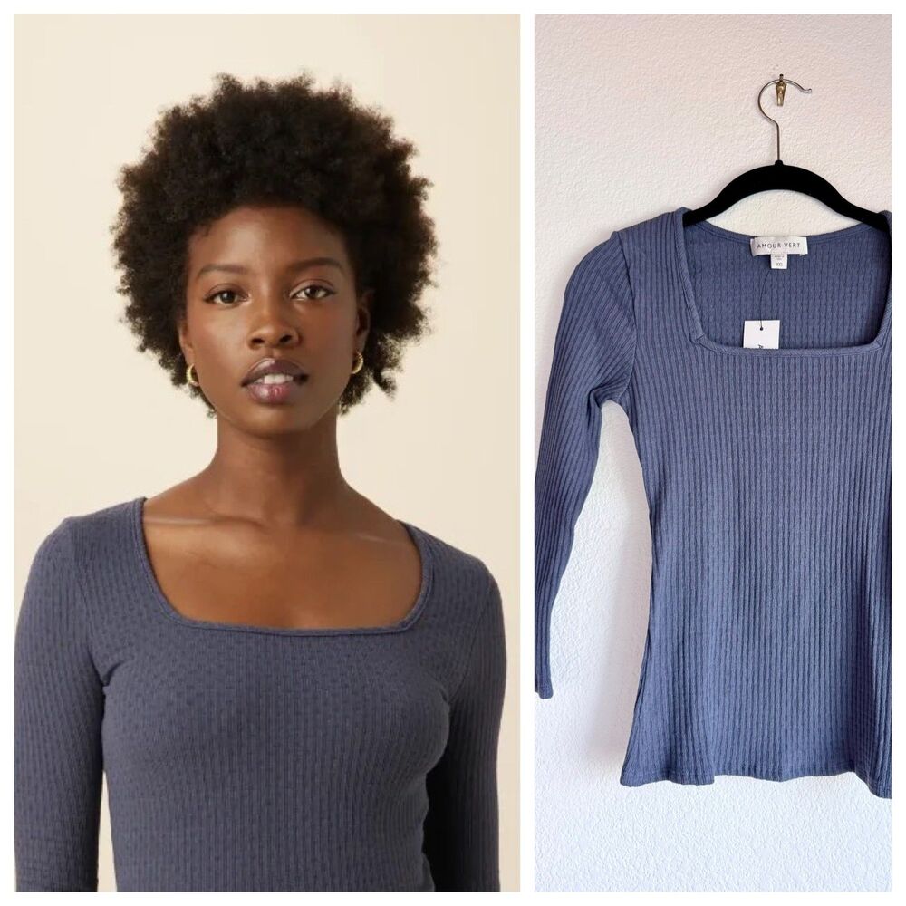NWT Amour Vert Corsica Square Neck Waffle Knit Top in Pacific Blue Size XXS